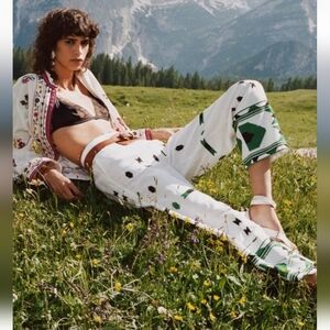 Embroidered linen blend pants